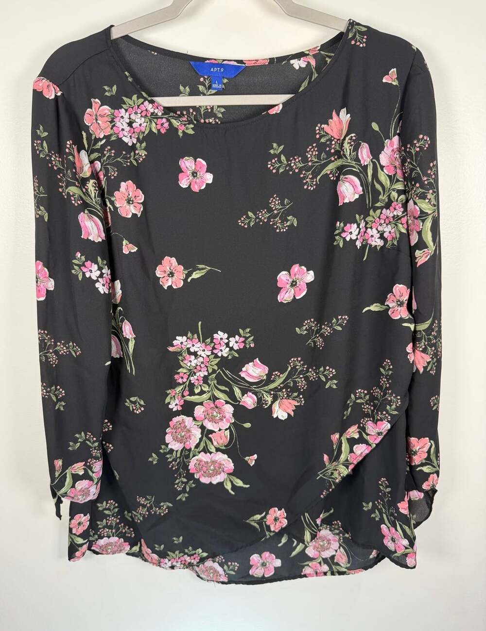 Apt. 9 Womens Floral Blouse L Black Pink Long Sleeve Lined Crew Neck Curved Hem